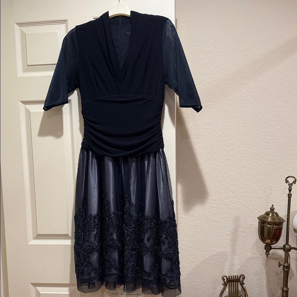 SLNY Navy Midi Dress with Sheer Sleeves